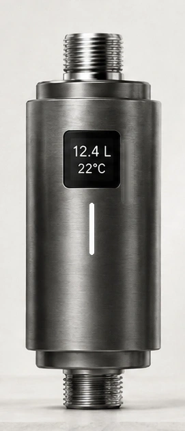 AQvolume kitchen tap sensor in brushed metal with display and thin white one-liter indicator